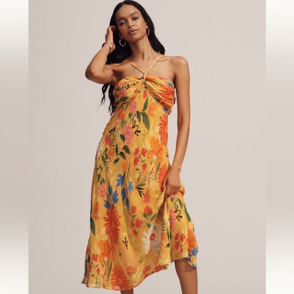 By Anthropologie Floral Yellow Halter Dress